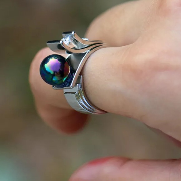 💋Gorgeous Sterling Silver Lux Black Rainbow Iridescent Tahitan Pearl & CZ ring - Picture 1 of 17